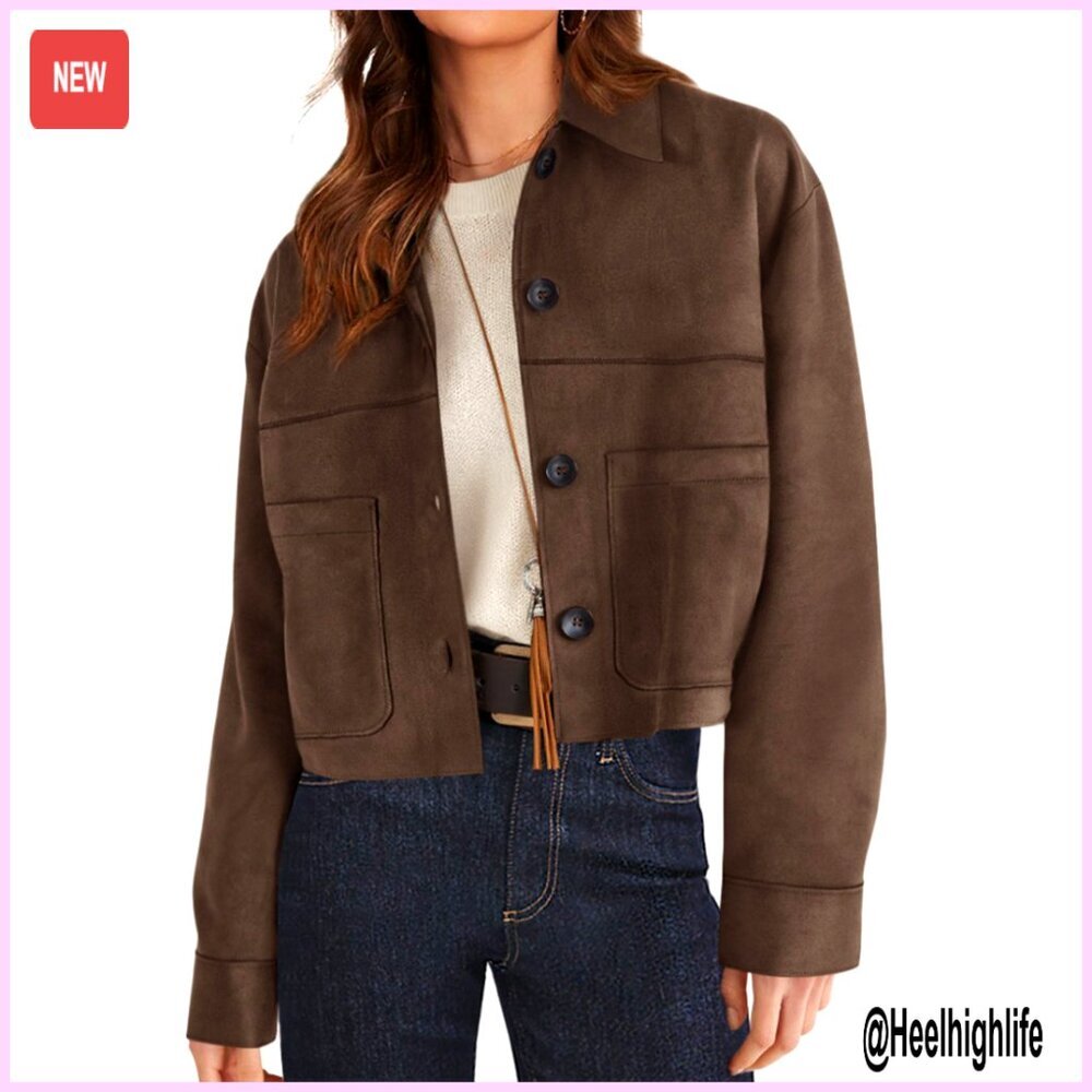 Faux Suede Cropped Jacket, Button Front, Patch Pockets, Lightweight Fall - Picture 1 of 7